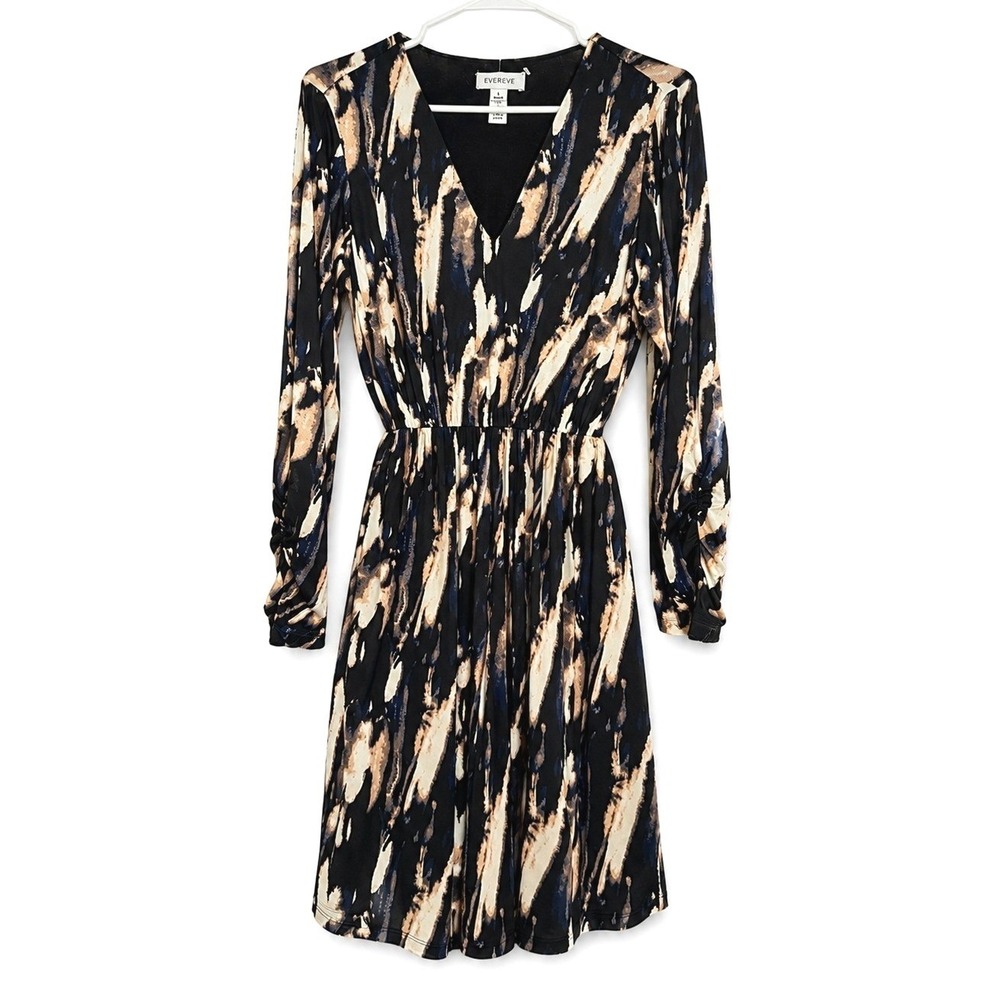 NWT Evereve Iris Mesh Bodycon Dress Black Neutral Abstract V-Neck Ruched L